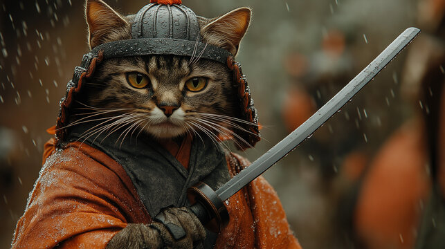 刀を持った武士の猫