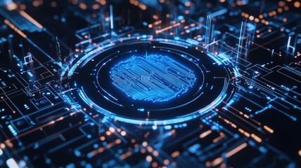 Abstract digital circuit design with glowing blue elements and data patterns.