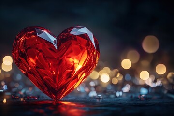 Valentine's Day. Red glass heart heart symbolizing feelings. Generative AI technology.