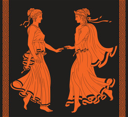 Two ancient Greek women in tunics approach each other and touch hands. Two figures isolated on a black background and with a meander ornament