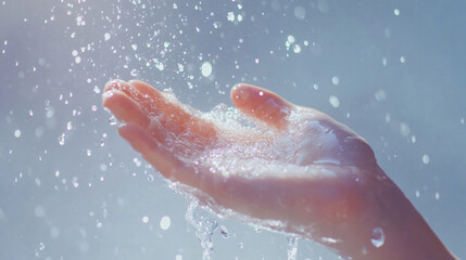 Fototapeta premium Tiny droplets of water flying as hands wash, creating refreshing and vibrant scene. sparkling water emphasizes beauty of cleanliness and nature