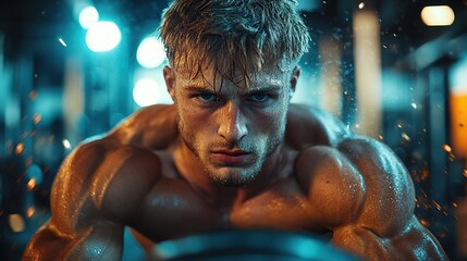 A muscular athlete intensely focused during a workout in a gym setting.