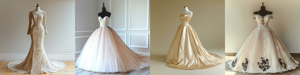 Fototapeta premium Wedding dress on mannequin. Elegant bridal gowns displayed on mannequins.