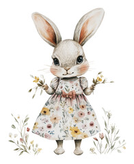 Fototapeta premium Cute rabbit in a floral dress holding flowers, cut out - stock png.