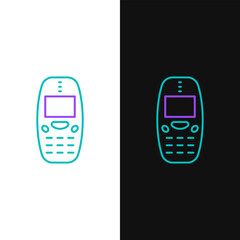 Line Old vintage keypad mobile phone icon isolated on white and black background. Retro cellphone device. Vintage 90s mobile phone. Colorful outline concept. Vector