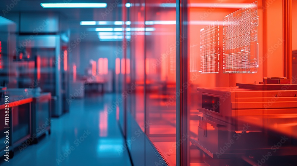 Poster a high-tech laboratory with red lighting and monitors displaying data.