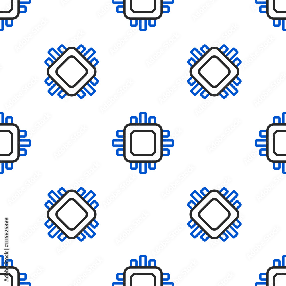 Fototapete Line Computer processor with microcircuits CPU icon isolated seamless pattern on white background. Chip or cpu with circuit board. Micro processor. Colorful outline concept. Vector