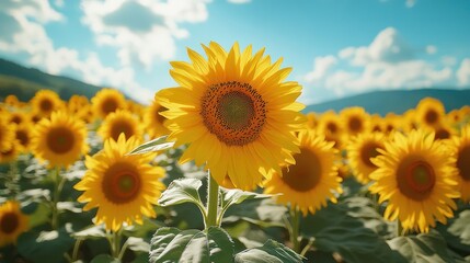 Fototapeta premium Vibrant sunflowers in a field under a sunny sky.