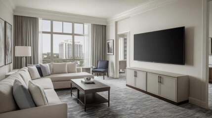 Modern hotel suite with a cozy living area and large windows.