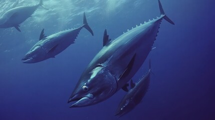 Naklejka premium A school of tuna swimming underwater, showing their sleek bodies and powerful forms.