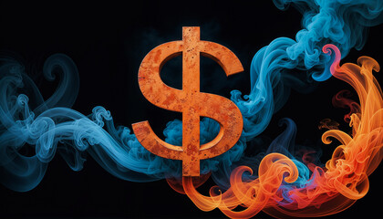 Wealth in Color: Dollar Sign Amidst Vibrant Smoke.