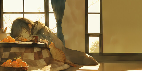 こたつでぬくぬくとみかんを食べる女性。水彩画。イラスト。挿絵素材