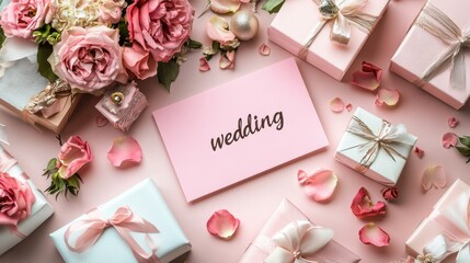 Elegant wedding invitation card with pink roses, petals, and wrapped gifts on soft background, romantic celebration, marriage event decor, floral aesthetic.