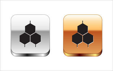 Black Chemical formula icon isolated on white background. Abstract hexagon for innovation medicine, health, research and science. Silver and gold square buttons. Vector
