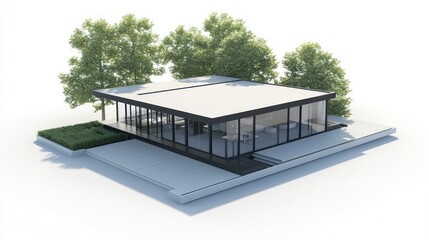 Obraz premium Modern Glass Pavilion Surrounded by Lush Green Trees