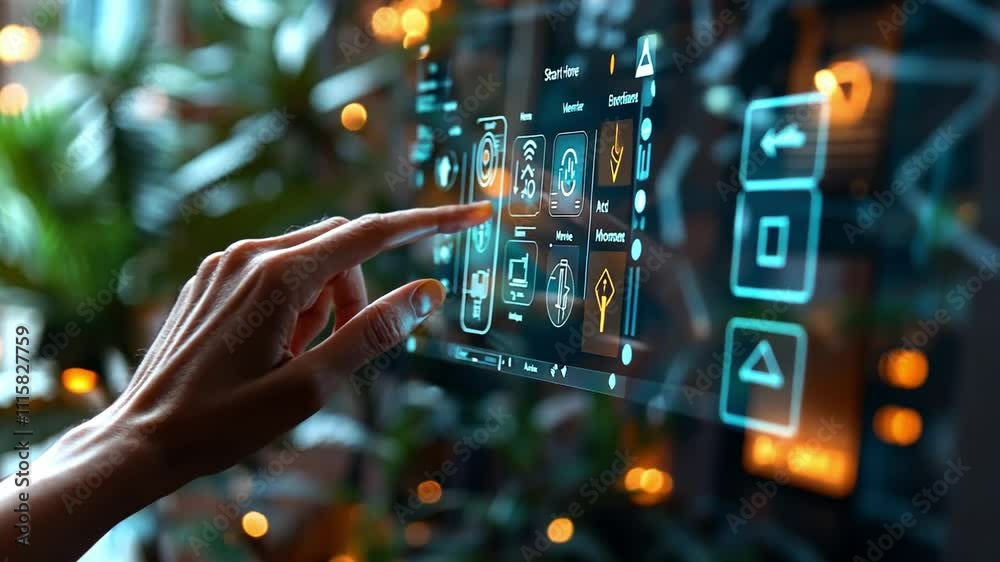 Poster interactive touch screen technology in a modern setting with ambient lighting