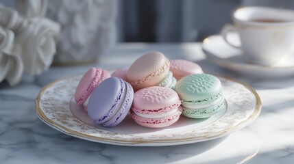 Fototapeta premium Pastel Macarons Arranged on Elegant Plate