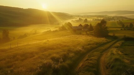 Obraz premium Experience the Serenity of Nature with an Ultra HD Aerial View of a Peaceful Countryside Set Against the Beautiful Landscape, Perfect for Projects Related to Agriculture, Environment and Travel.
