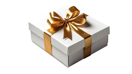Obraz premium An isolated cutout of a white gift box with gold ribbon is placed on a transparent background.