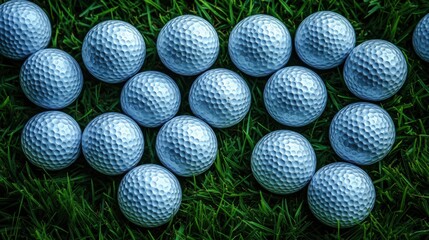 Rows of white golf balls arranged on green grass, sports equipment, practice session setup, outdoor golfing essentials, symmetry, tournament preparation, green field training.