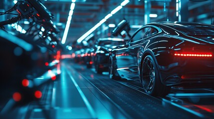Fototapeta premium Futuristic car assembly line featuring sleek vehicles in a high-tech environment.