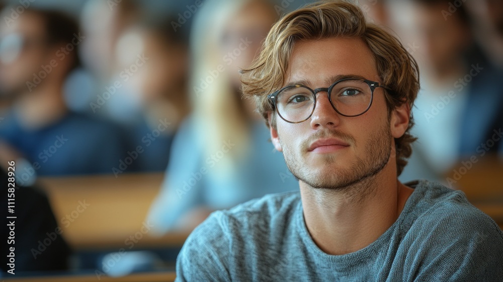 Aufkleber in a university lecture hall filled with attentive students, a focused young man with glasses contem