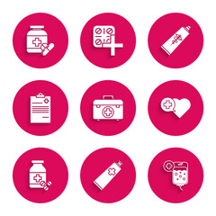 Set First aid kit, Ointment cream tube medicine, IV bag, Heart with cross, Medicine bottle and pills, Medical clipboard clinical record, and icon. Vector
