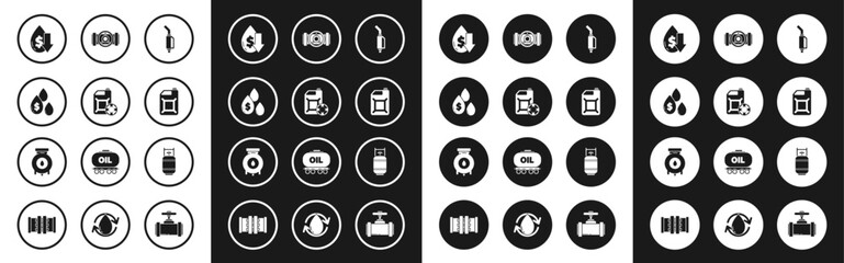 Fototapeta premium Set Gasoline pump nozzle, Oil drop with dollar symbol, Drop crude oil price, Canister for gasoline, Industry metallic pipes and valve, Propane tank and industrial factory building icon. Vector