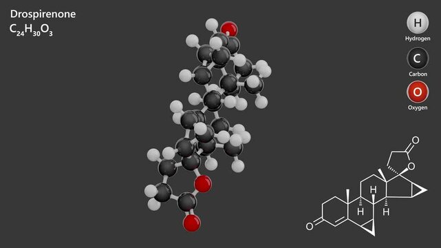 Drospirenone. Contraceptive. Animated 3D model of a molecule. Molecular formula: C24H30O3. Chemical model: Ball and sticks. Gray background. 3D rendering. Seamless loop.
