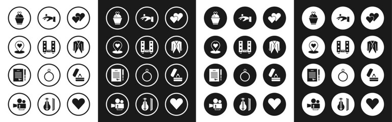 Set Heart, Home stereo with two speakers, Location heart, Wedding cake, Suit, rings hand, and Marriage contract icon. Vector