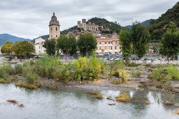 Old town and medieval Doria Castle in Dolceacqua village, Italy,