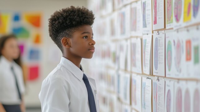 Young student focused on educational displays in a classroom environment, highlighting curiosity and engagement in learning with diverse visual aids around him.
