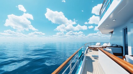 Obraz premium A serene view from a cruise ship balcony overlooking calm blue waters and fluffy clouds.