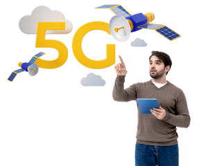Man holding tablet pointing at a 5G text with satellite imagery, surrounded by clouds. White background. Concept of technology and communication