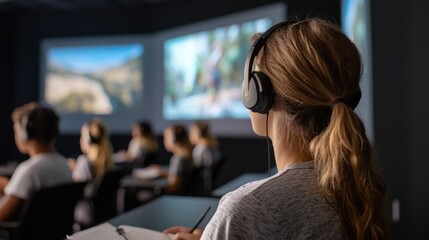 Engaged Student Attending Interactive Multimedia Presentation in Classroom Setting with Projected Visuals and Headphones for Enhanced Learning Experience