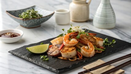 Elegant seafood bulgogi with shrimp, vegetables, and lime