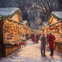 Festive Christmas market scene with brightly lit wooden stalls, decorated with garlands and ornaments, bustling with shoppers on a snowy evening under twinkling lights