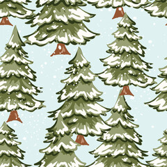 Hand drawn Christmas pattern evergreen trees covered with snow on a light blue background in winter season vector illustration