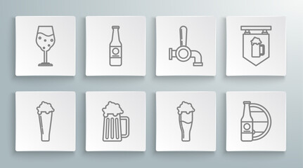 Set line Glass of beer, Beer bottle, Wooden mug, and wooden barrel, tap, Street signboard with glass and icon. Vector