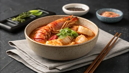 Elegant serving of seafood kimchi jjigae in a bowl