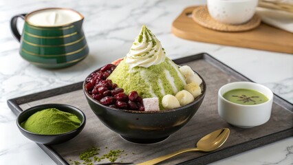Luxurious matcha patbingsu in a sleek black bowl with toppings
