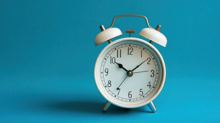Classic white alarm clock on vibrant turquoise background, minimalist retro style, time concept, morning schedule, clean design, vintage decor, simple lifestyle illustration.
