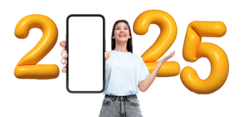 Happy woman showing blank smartphone screen, surrounded by yellow 2025 balloons on white background. Concept for New Year, tech, forecast