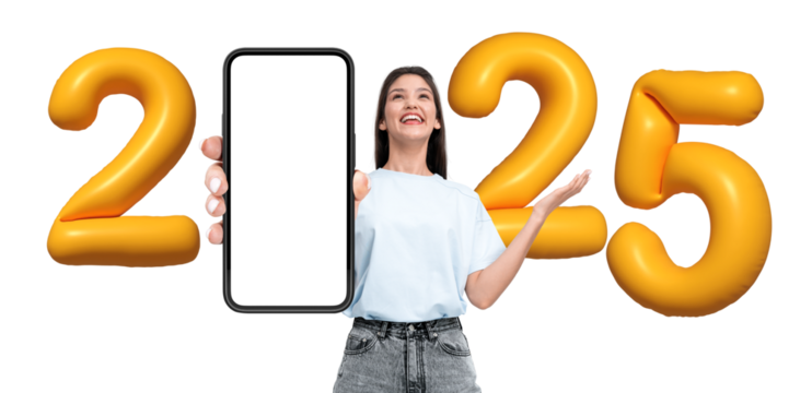 Happy woman showing blank smartphone screen, surrounded by yellow 2025 balloons on white background. Concept for New Year, tech, forecast