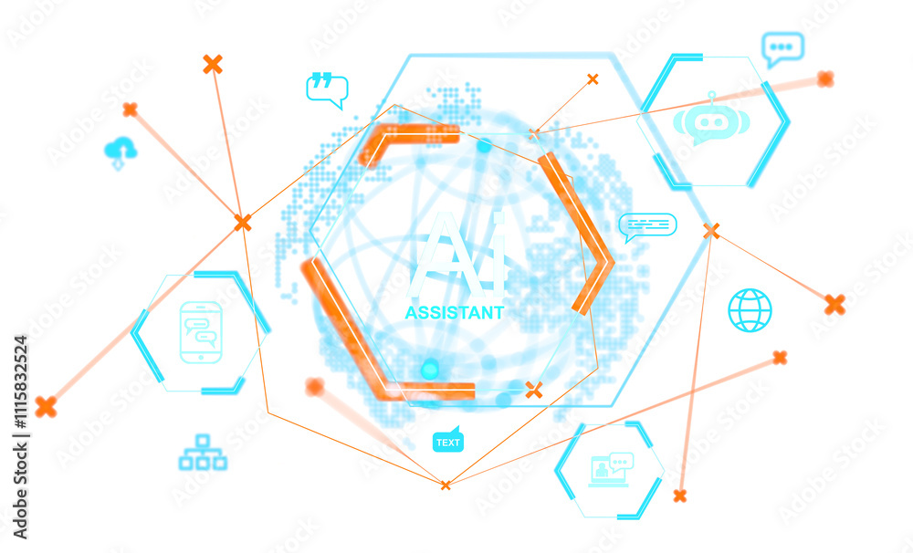 Poster abstract ai assistant design displaying hexagonal icons, digital nodes, and technological connection