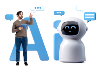 A man holding a tablet points at floating speech bubbles near a smiling AI robot, with large blue AI text on a clean white background