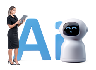 Businesswoman holding a tablet, standing beside a smiling robot and large AI letters, isolated on a clean white background, concept of technology