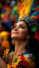 Brazilian samba dancer with colorful feathers smiling during carnival parade