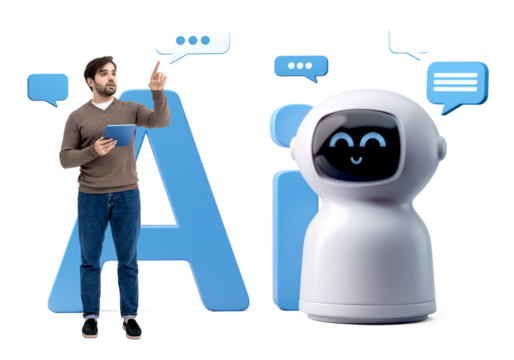 A man holding a tablet points at floating speech bubbles near a smiling AI robot, with large blue AI text on a clean white background