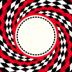 Obraz premium Speed racing checkered flag, spiral hypnotic swirl background, optical illusion movement, vector illustration opt art style, abstract geometric, psychedelic vortex background, black red white colors
